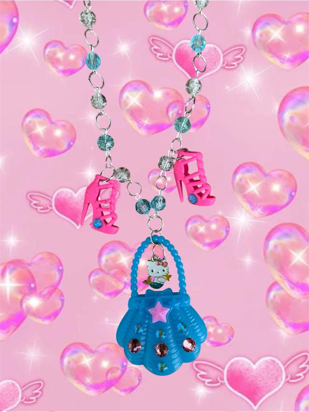 Blue Shell Purse Necklace with Pink Charm Accents